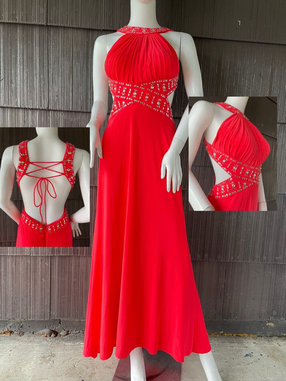 🔥Y2K Morgan & Co Red Halter Crystal Beads Cut Out Lace Open Back Hi Low Dress